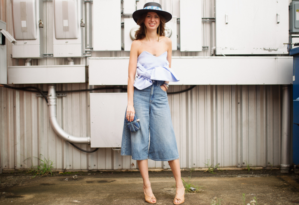 Denim+culotte+strapless+top+outfit